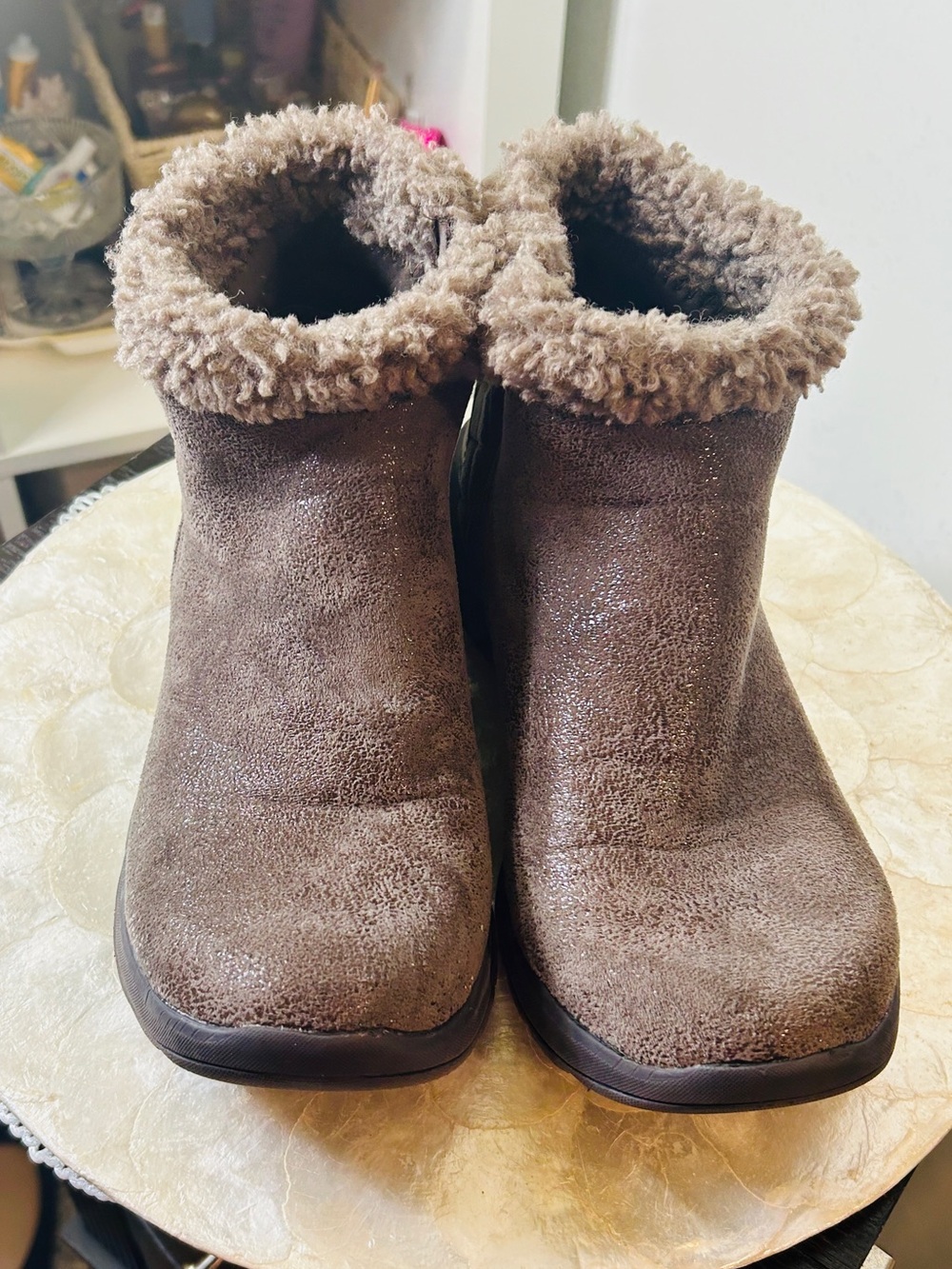 Bzees Women's Taupe Faux-Shearling Ankle Slippers